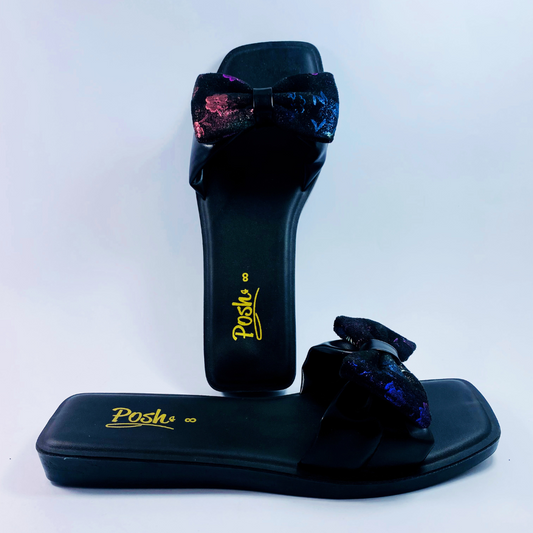 Elegant Women’s Bow Slide – Square Toe Slippers in Black & Ocean Blue