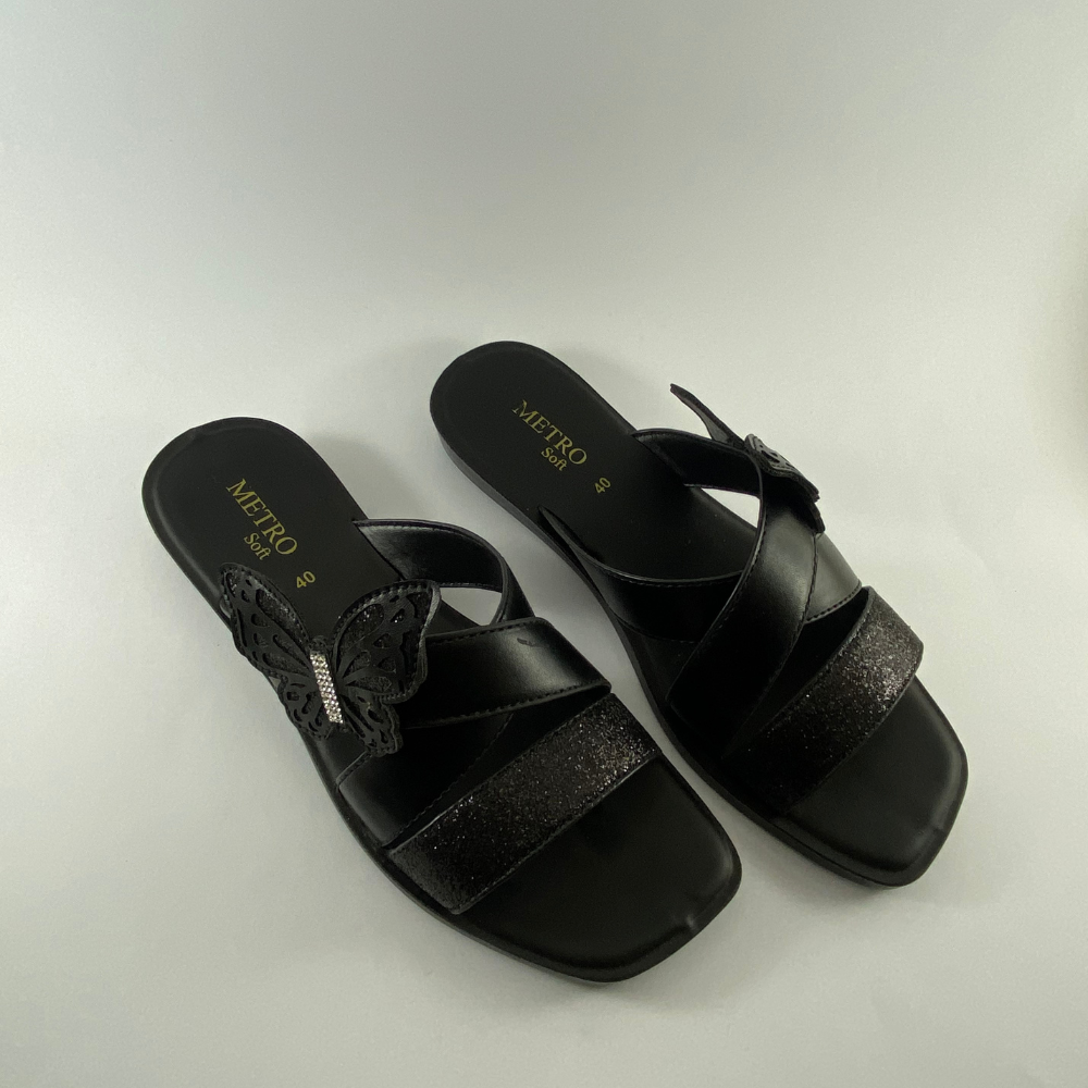 Women’s Black Butterfly Criss-Cross Slippers – Elegant Glitter Flats