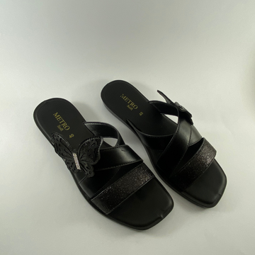 Women’s Black Butterfly Criss-Cross Slippers – Elegant Glitter Flats