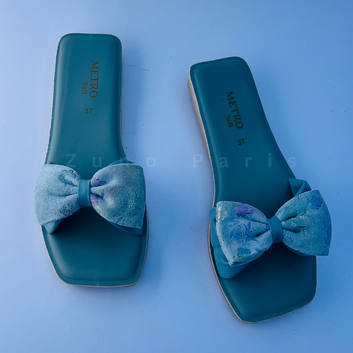 Elegant Women’s Bow Slide – Square Toe Slippers in Black & Ocean Blue
