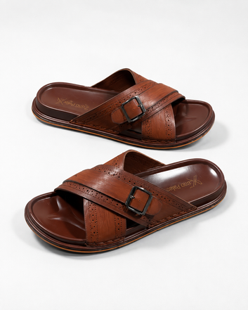 Men's Luxury PU Made Perforated Cross-Strap Washable Sandal high grip  and synthetic leather ￼￼