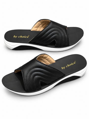 Elegant Women’s Bow Slide – Square Toe Slippers in Black & careme (BC)